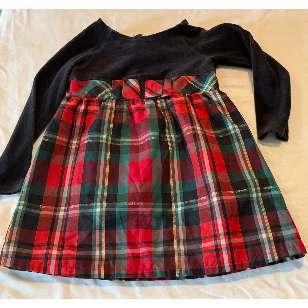 Healthtex Girls 3T Dress Red/Green Plaid black velvet top long sleeve vintage